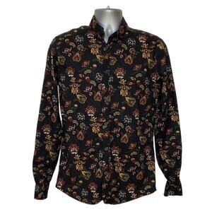 Solid Paisley Button Up Shirt Mens Medium Black Red Gold Cotton Stretch Boho